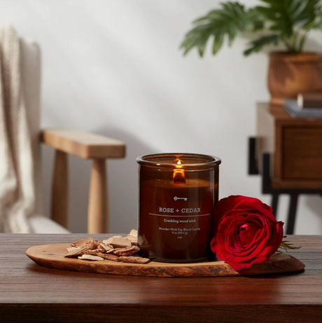 9oz Lidded Glass Jar Crackling Wooden Wick Rose and Cedar Candle - Threshold™