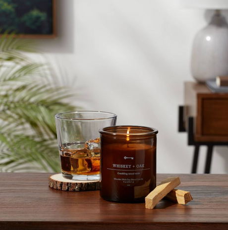 9oz Lidded Glass Jar Crackling Wooden Wick Candle Whiskey & Oak - Threshold™
