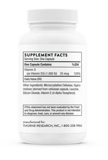 Thorne Vitamin D-1000 - Vitamin D3 Supplement - 1,000 IU - Support Healthy Bones, Muscles, and Immune Function - Gluten-Free, Dairy-Free - 90 Capsules